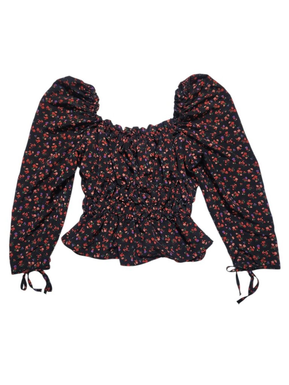 Topshop Floral Puff Sleeve Smocked Crop Blouse Top Peplum Square Neck Black